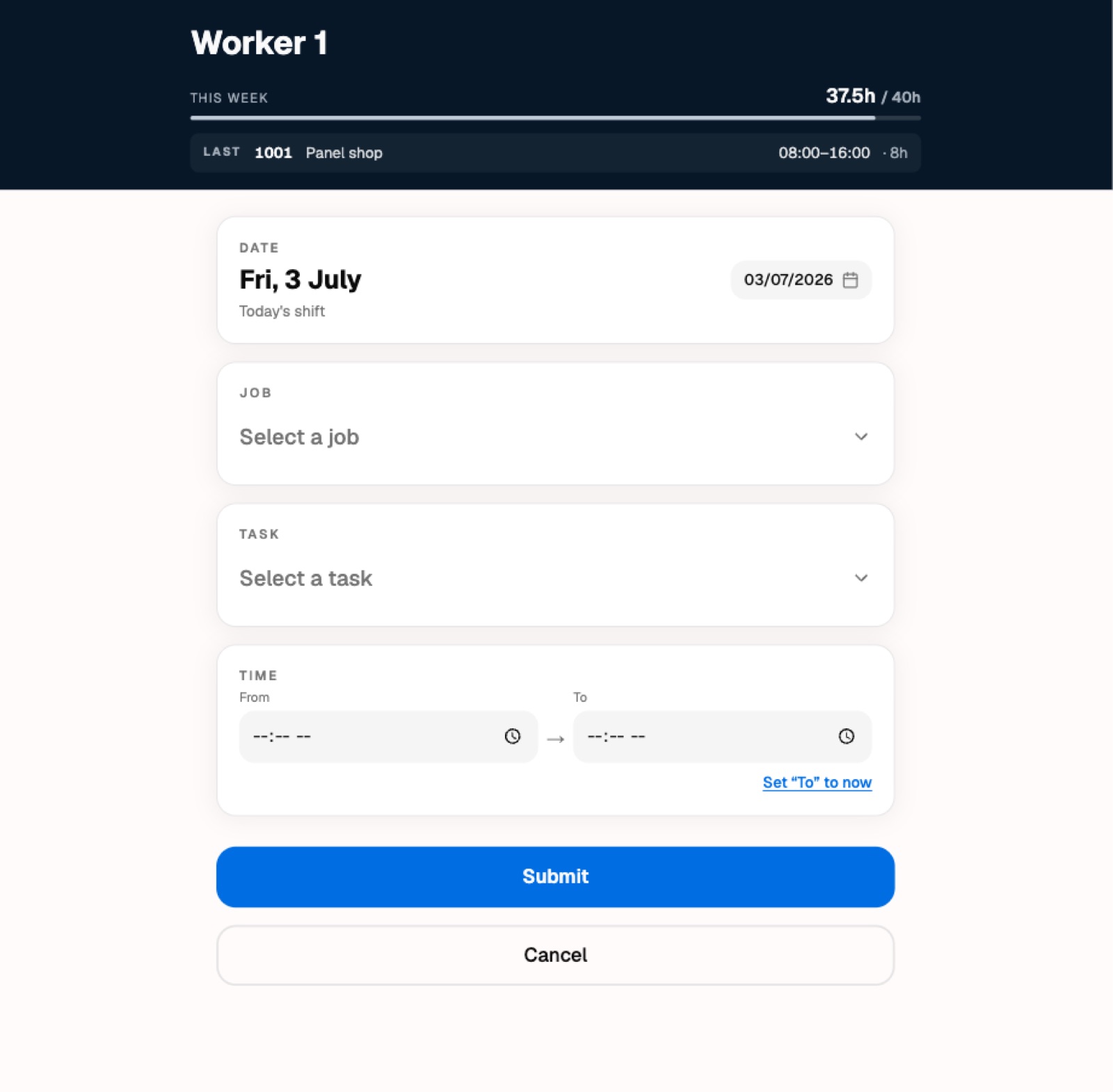 The floor tablet time-entry screen: pick a job, pick a task, enter start and finish times.